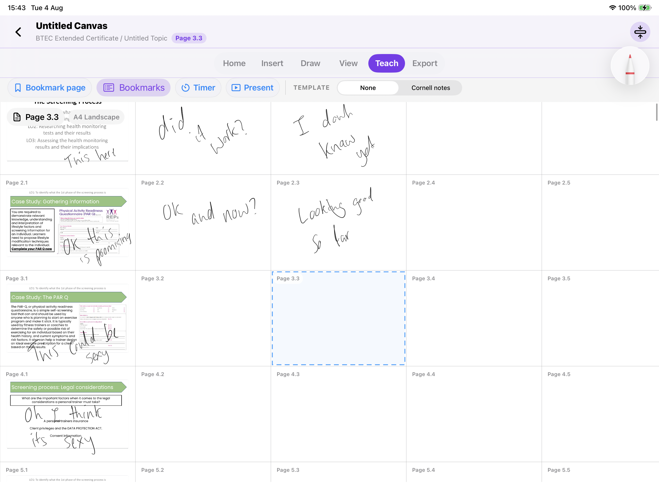 Peregra showing imported lesson resources and handwritten notes across a page-aware canvas